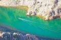 Zrmanja river karst canyon boat making waves view from above