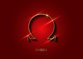 Omega sign, gold logo, Golden Greek Omega Letter Symbol, luxury icon, graphic, vector isolated on dark red background Royalty Free Stock Photo