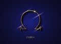 Omega sign, gold logo, Golden Greek Omega Letter Symbol, luxury icon, graphic, vector isolated on dark blue background