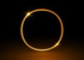 Vector magic gold circle frame. Glowing fire ring trace. Golden swirl trail effect isolated on black background. Bright luxury