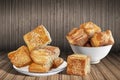 Bunch Of Freshly Baked Zuzu Square Sesame Puff Croissant Pastry Set On Rustic Bamboo Place Mat Royalty Free Stock Photo