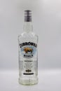 Zubrowka Biala vodka bottle closeup against white