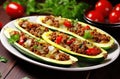 zucchini boats with meat and tomatoes. Royalty Free Stock Photo