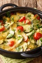 Zucchini casserole with cheese and tomatoes close-up in a pan. vertical