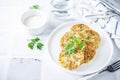 Zucchini dill parsley fritters with Greek Yogurt Sauce Royalty Free Stock Photo