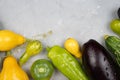 Zucchini, eggplant lie on a light gray background, harvest. The concept of abundance