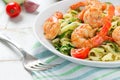 Zucchini noodles sauteed with cherry tomato and prawns close up Royalty Free Stock Photo