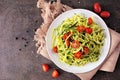 Healthy eating, low carb diet zucchini pasta. Table scene on a dark background. Royalty Free Stock Photo