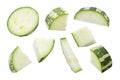 Zucchini slices isolated on a white background, top view. Sliced zucchini, courgette isolated on white. Pieces of