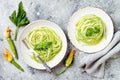 Zucchini spaghetti with basil. Vegetarian vegetable low carb pasta. Zucchini noodles or zoodles Royalty Free Stock Photo