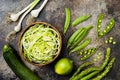 Zucchini spaghetti or noodles zoodles bowl with green veggies. Top view, overhead, copy space. Royalty Free Stock Photo