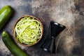 Zucchini spaghetti or noodles zoodles bowl. Top view, copy space. Royalty Free Stock Photo