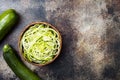 Zucchini spaghetti or noodles zoodles bowl. Top view, copy space. Royalty Free Stock Photo