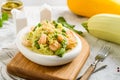 zucchini spaghetti with shrimp and pesto Royalty Free Stock Photo