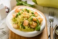 zucchini spaghetti with shrimp and pesto Royalty Free Stock Photo