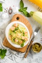 zucchini spaghetti with shrimp and pesto Royalty Free Stock Photo