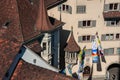 Zug, Switzerland - September 2016: Aerial view from the Zytturm Clocktower in the medieval old town, Zug