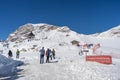 Zugspitze, Germany - Aug 5, 2020: Tourists walk on summer snow near Sonnalpin