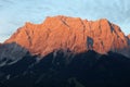 Zugspitze Mountain glowing seen from Lermoos. Tyrol. Austria