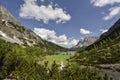 Zugspitze mountain and lake Seebensee, view from Coburger hut, Ehrwald, Tyrol, Austria