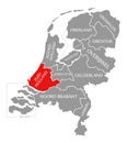 Zuid Holland red highlighted in map of Netherlands Royalty Free Stock Photo