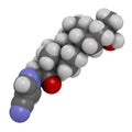 Zuranolone drug molecule. 3D rendering. Atoms are represented as spheres with conventional color coding: hydrogen white, carbon Royalty Free Stock Photo