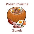 Zurek. Traditional polish soup, made of rye flour with smoked sausage and eggs served in bread bowl