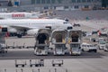 Zurich airport panoramic landscape at day time, ladders, luggage trolleys and other airport special machines