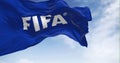 Close-up view of the Fifa flag waving in the wind