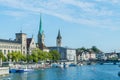 Zurich city center with famous Fraumunster and Grossmunster Churches and river Limmat