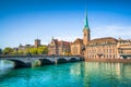 Zurich city center with historic bridge and river Limmat, Switzerland