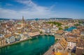 Zurich city center with river Limmat from Grossmunster Church, Switzerland Royalty Free Stock Photo