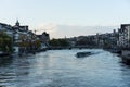 Zurich City Panorama with limmat river and small cruise ship Royalty Free Stock Photo