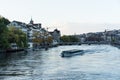 Zurich City Panorama with limmat river and small cruise ship Royalty Free Stock Photo