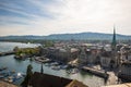 Zurich city Switzerland. Old town wide-angle view, marina and lakeside bridge, roof-top perspective, day time Royalty Free Stock Photo