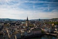 Zurich city Switzerland. Old town wide-angle view, roof-top perspective, day time, no people