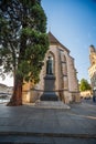 03-08-2023 Zurich city Switzerland. Wide-angle view of Wasserkirche or Water Church. Setting sun in the background, large