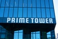 11-08-2023 Zurich city Switzerland. Prime Tower front entrance sign or lettering. Modern glass high-rise office building,