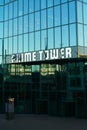 11-08-2023 Zurich city Switzerland. Prime Tower front entrance sign or lettering.