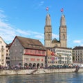 Zurich cityscape with Grossmunster decorated with flags