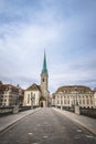 Zurich cityscape with the Munsterbrucke bridge and old buildings