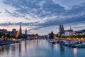 Zurich downtown skyline with Fraumunster and Grossmunster churches at lake zurich at night, Switzerland Royalty Free Stock Photo