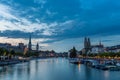 Zurich downtown skyline with Fraumunster and Grossmunster churches at lake zurich at night, Switzerland Royalty Free Stock Photo