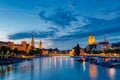 Zurich downtown skyline with Fraumunster and Grossmunster churches at lake zurich at night, Switzerland Royalty Free Stock Photo