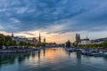 Zurich downtown skyline with Fraumunster and Grossmunster churches at lake zurich at night, Switzerland Royalty Free Stock Photo