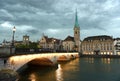 Zurich evening cityscape with Fraumunster Church, Switzerland