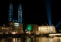 Zurich festival - Beautiful video projection on Zurich Grossmunster. Royalty Free Stock Photo