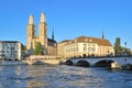 Zurich. Grossmunster church and the Limmat River embankment Royalty Free Stock Photo