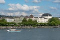 Zurich lake with boat. View of historic Zurich city center with Zurich Opera House, Switzerland Royalty Free Stock Photo