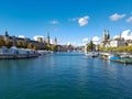 Zurich lake river in the city blue water summer old town bridge historic centre switzerland painted clouds church tower